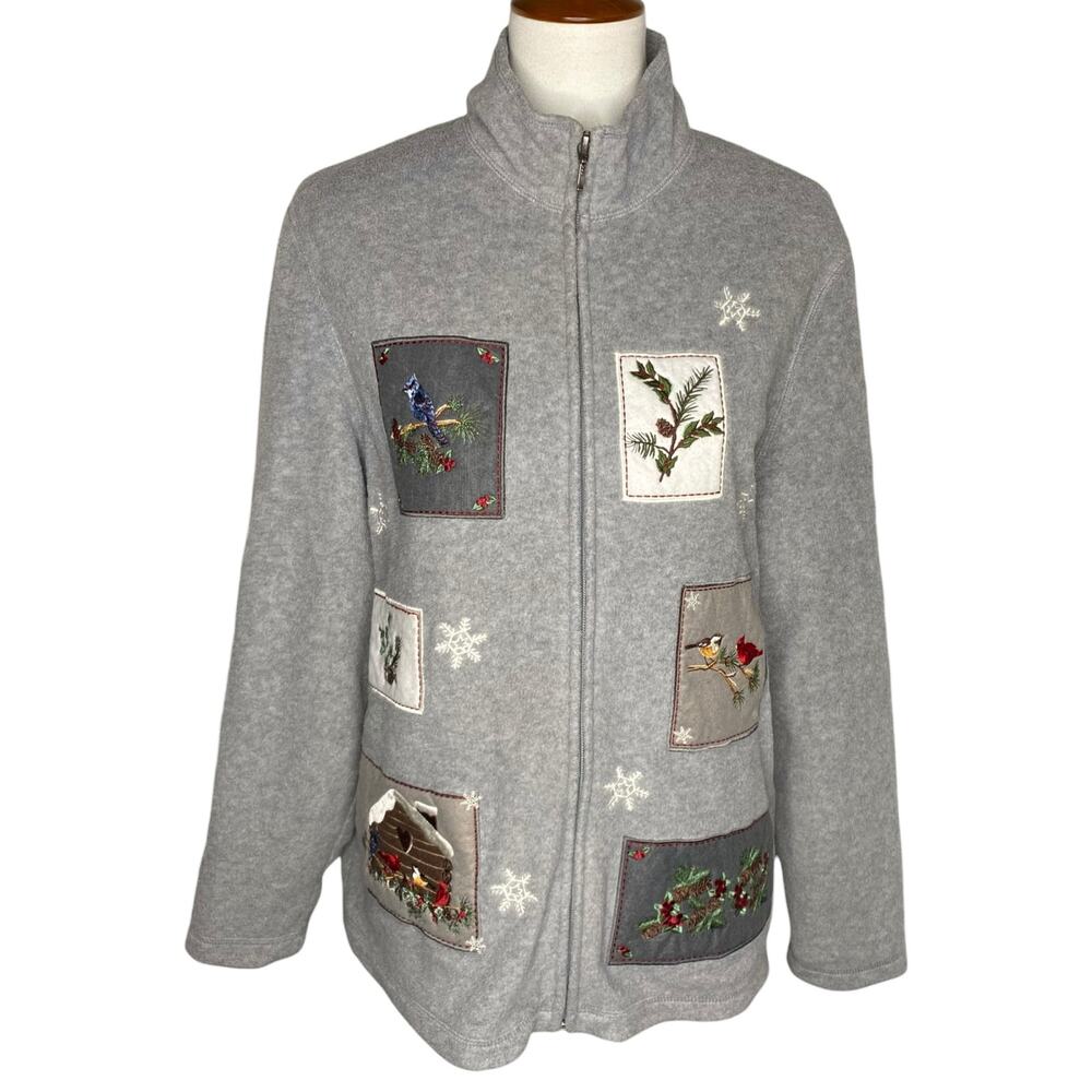 Croft & Barrow Cardinal Bird Cardigan Gray Embroidered Fleece Zip Up XL Cottage